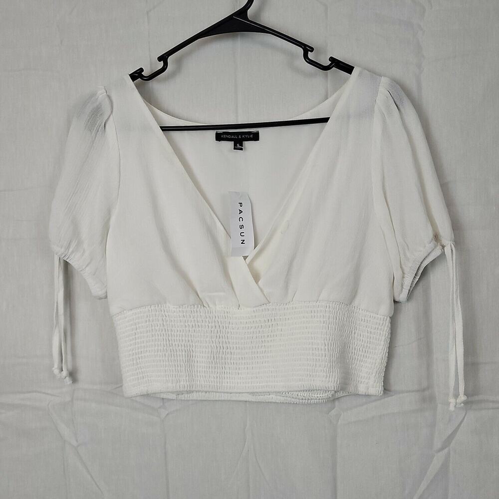 Kendall & Kylie Womens White Long Sleeve V Neck Wrap Cropped Top Size Small